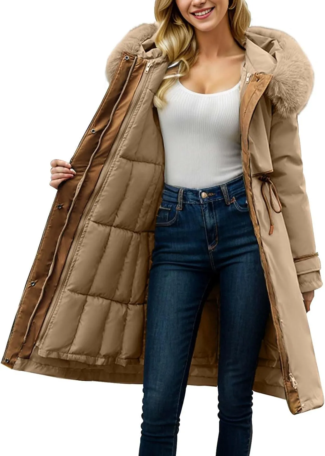 Womens Down Jacket Thickened Knee-Length Padded Quilted Puffer Pockets Winter Coat Outerwear Faux Fur Removable Hood