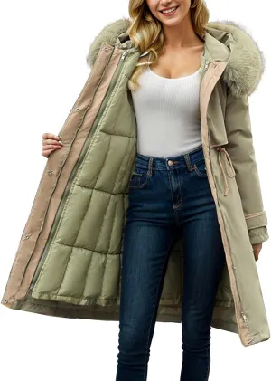 Womens Down Jacket Thickened Knee-Length Padded Quilted Puffer Pockets Winter Coat Outerwear Faux Fur Removable Hood