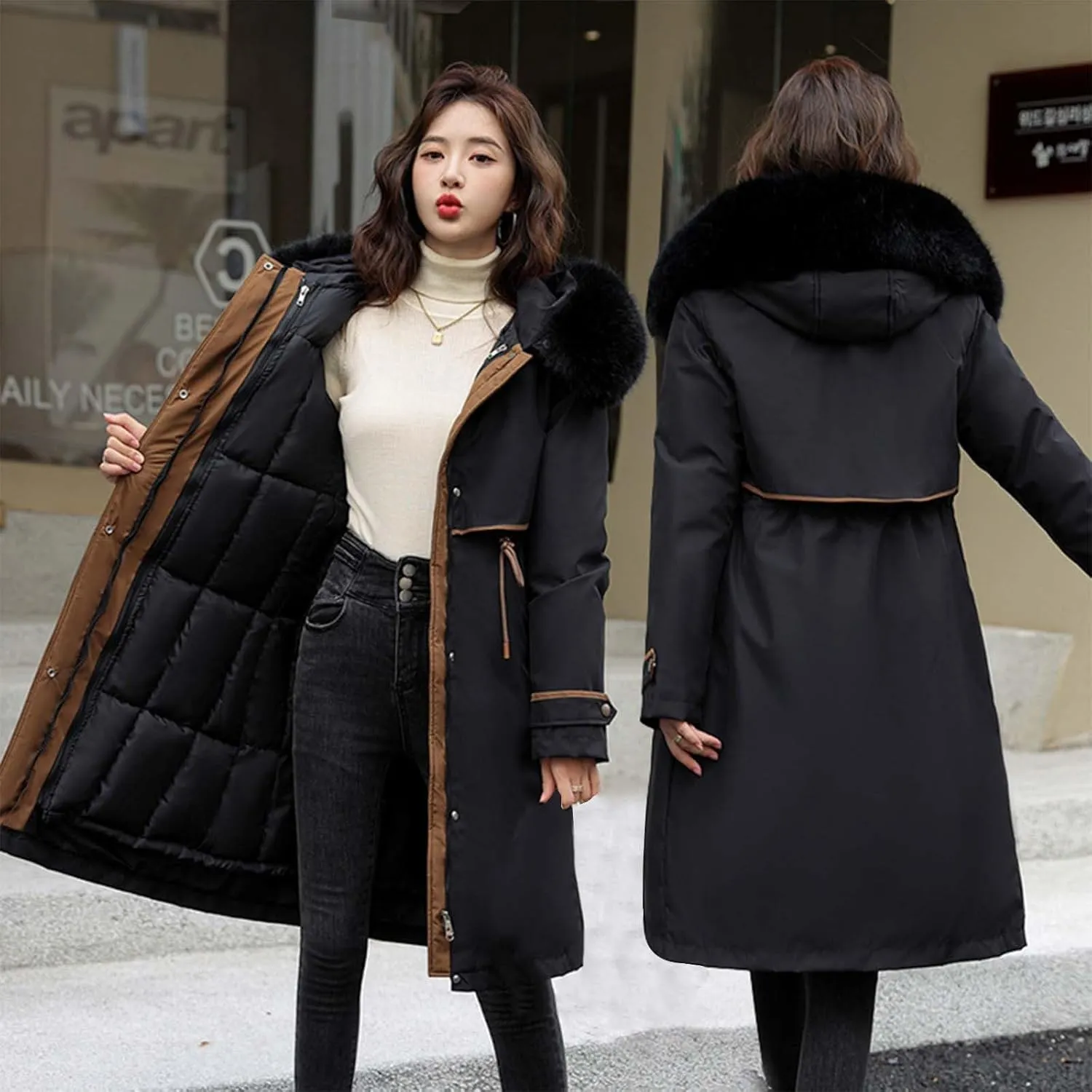 Womens Down Jacket Thickened Knee-Length Padded Quilted Puffer Pockets Winter Coat Outerwear Faux Fur Removable Hood