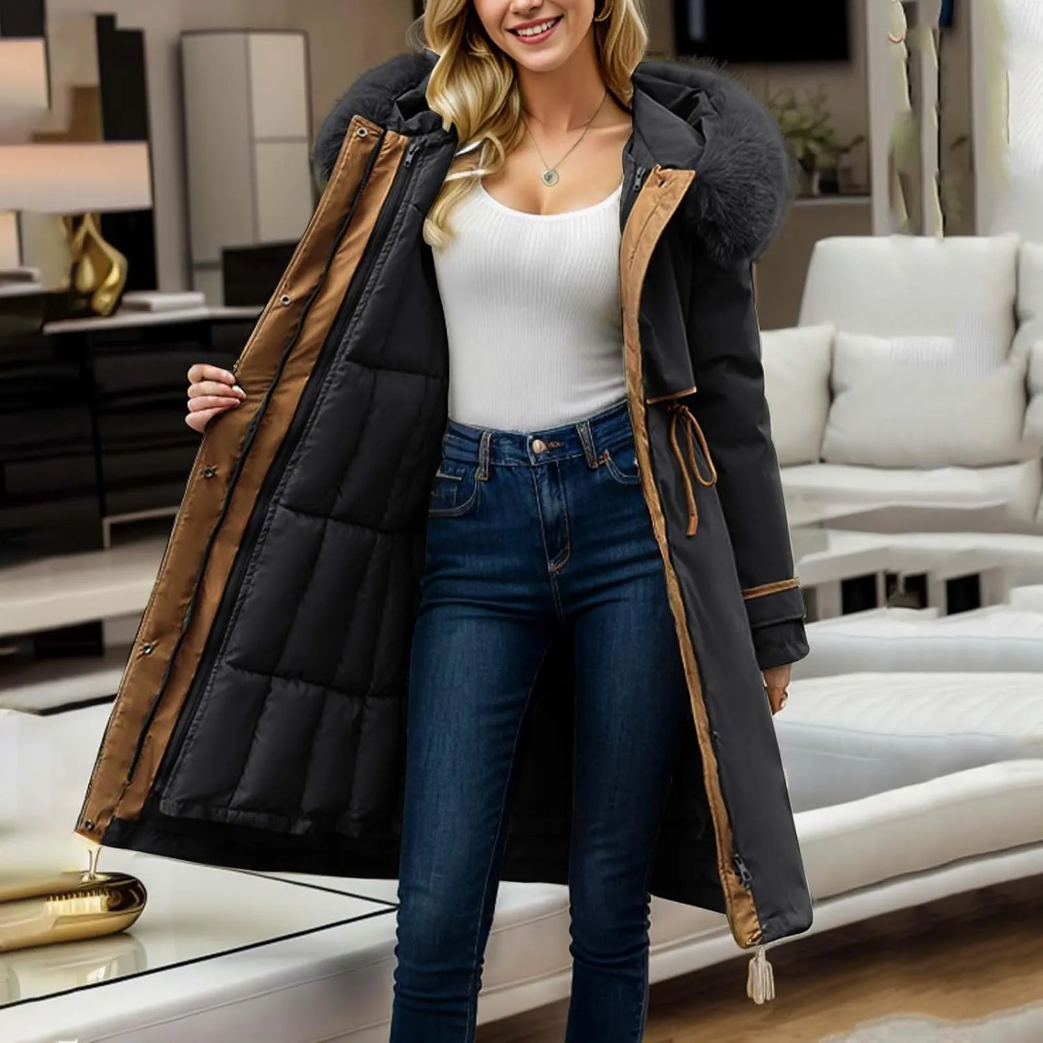 Womens Down Jacket Thickened Knee-Length Padded Quilted Puffer Pockets Winter Coat Outerwear Faux Fur Removable Hood