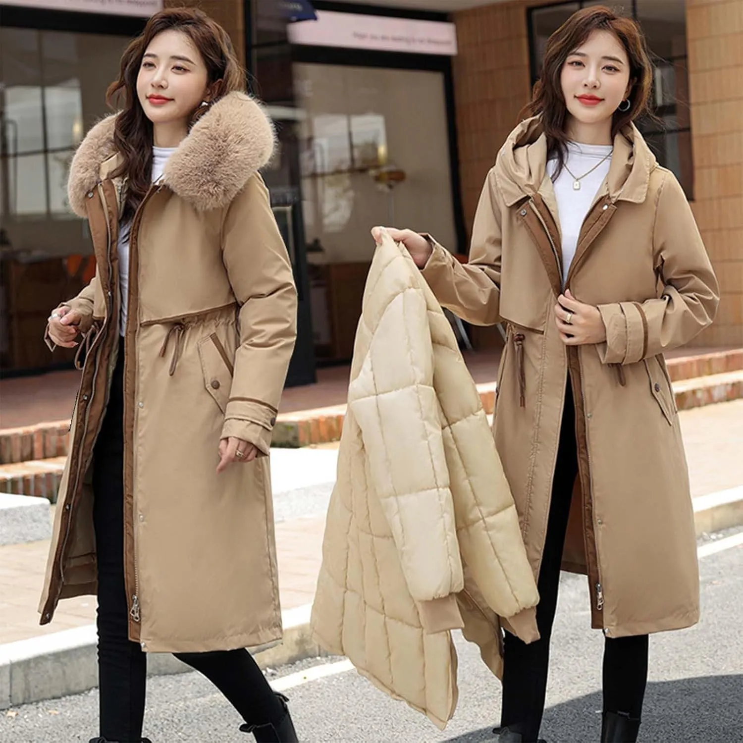 Womens Down Jacket Thickened Knee-Length Padded Quilted Puffer Pockets Winter Coat Outerwear Faux Fur Removable Hood