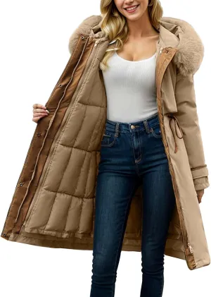 Womens Down Jacket Thickened Knee-Length Padded Quilted Puffer Pockets Winter Coat Outerwear Faux Fur Removable Hood