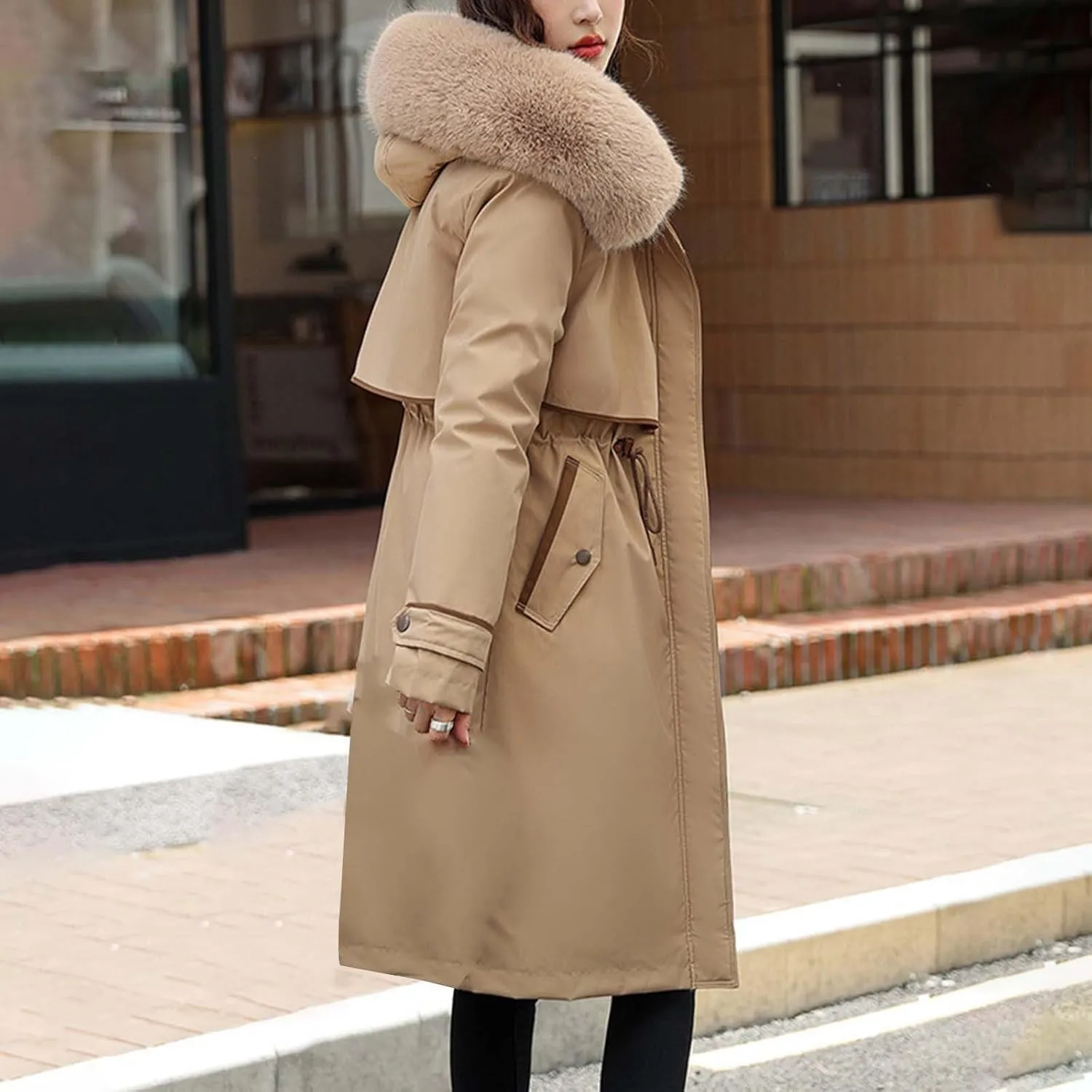 Womens Down Jacket Thickened Knee-Length Padded Quilted Puffer Pockets Winter Coat Outerwear Faux Fur Removable Hood