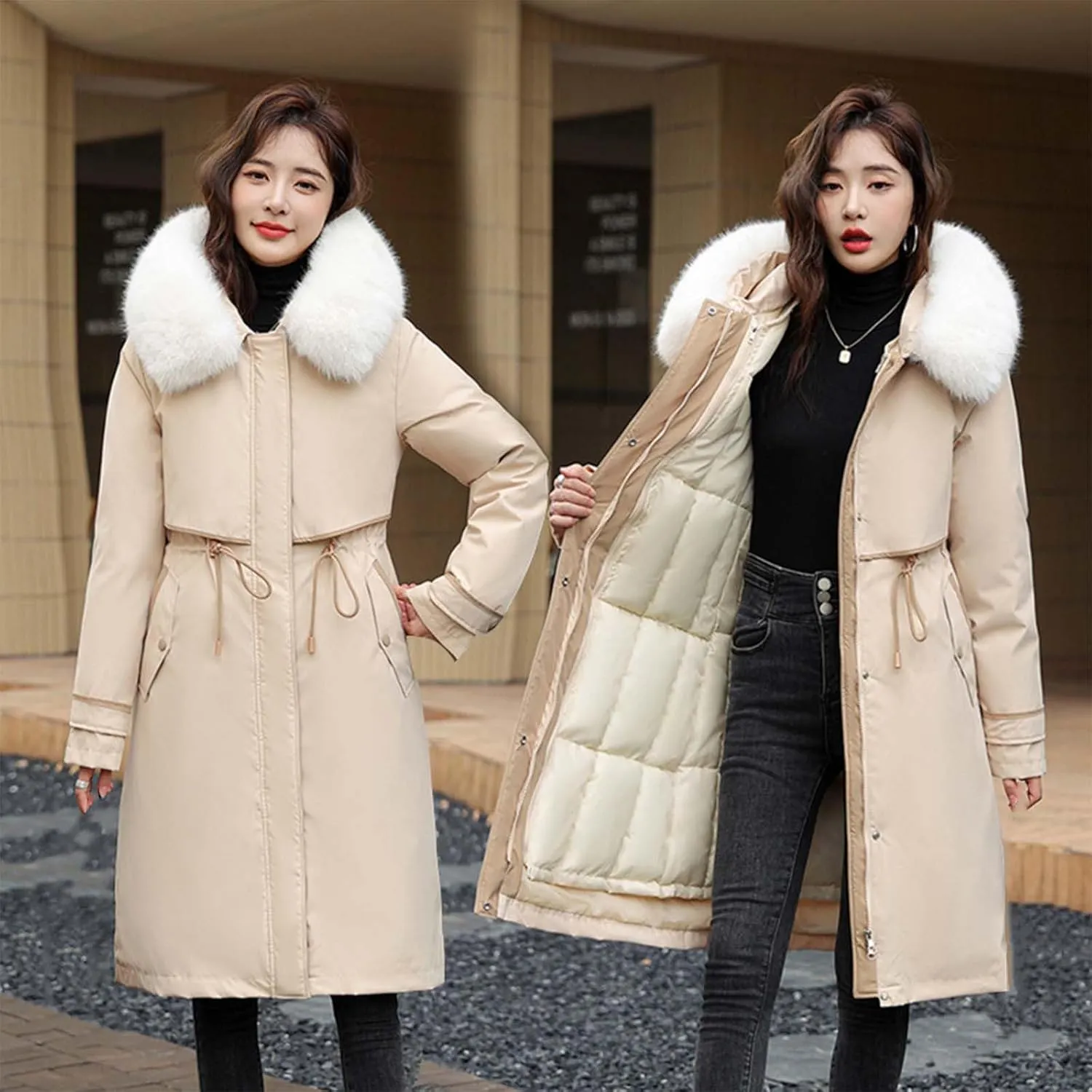Womens Down Jacket Thickened Knee-Length Padded Quilted Puffer Pockets Winter Coat Outerwear Faux Fur Removable Hood