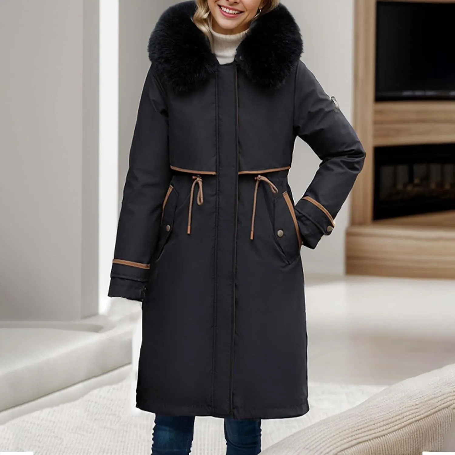 Womens Down Jacket Thickened Knee-Length Padded Quilted Puffer Pockets Winter Coat Outerwear Faux Fur Removable Hood