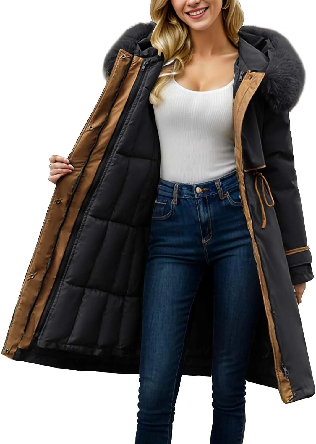 Womens Down Jacket Thickened Knee-Length Padded Quilted Puffer Pockets Winter Coat Outerwear Faux Fur Removable Hood