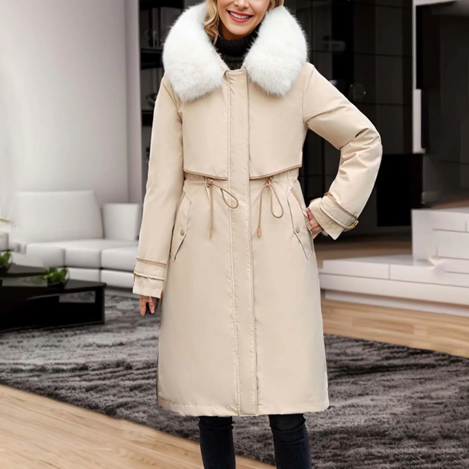 Womens Down Jacket Thickened Knee-Length Padded Quilted Puffer Pockets Winter Coat Outerwear Faux Fur Removable Hood