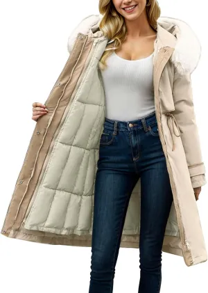 Womens Down Jacket Thickened Knee-Length Padded Quilted Puffer Pockets Winter Coat Outerwear Faux Fur Removable Hood