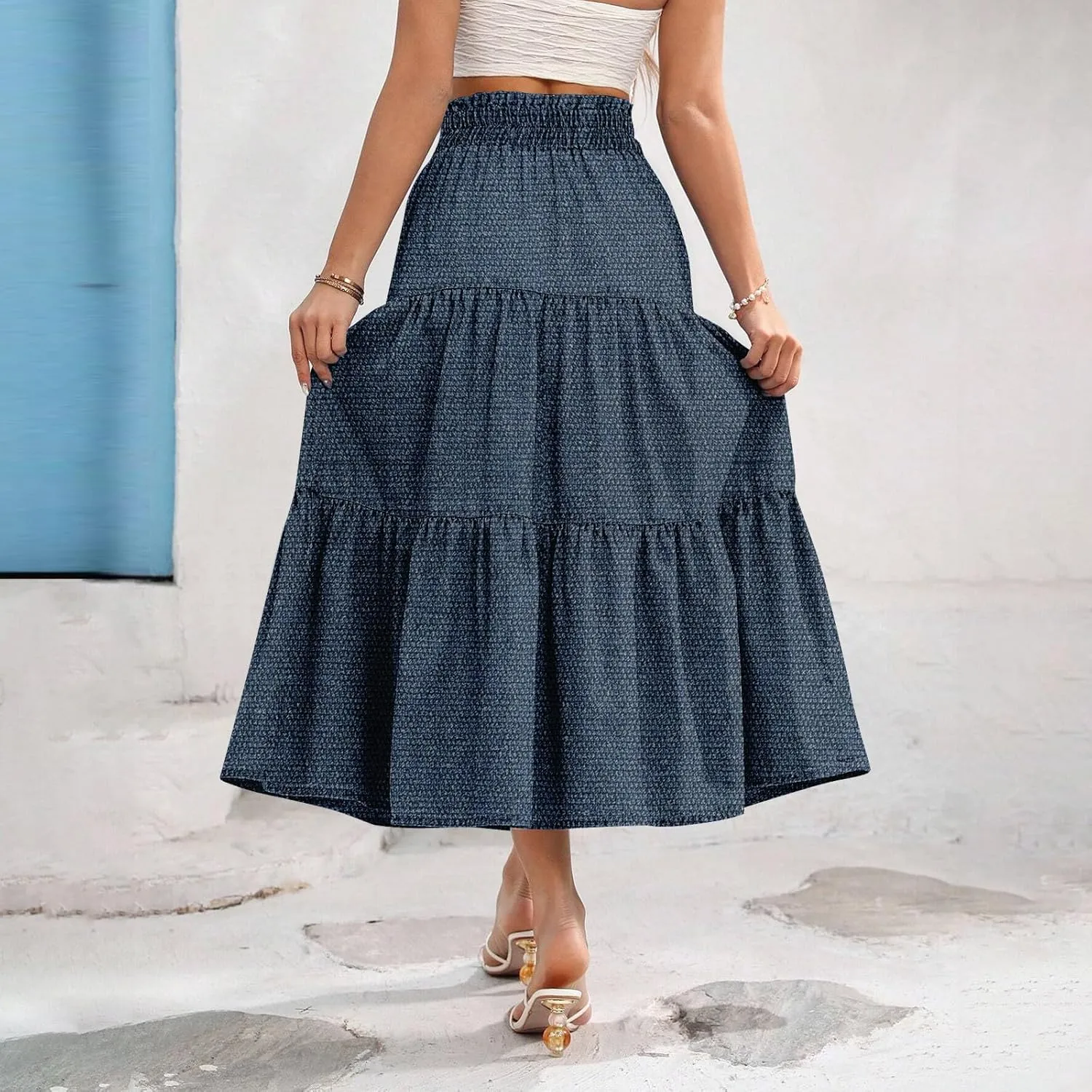 Women's Drawstring Elastic Waist Midi Skirt Solid Color Pleated A Line Tiered Skirts Beach Vacation Flowy Skirt