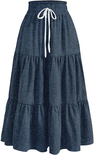 Women's Drawstring Elastic Waist Midi Skirt Solid Color Pleated A Line Tiered Skirts Beach Vacation Flowy Skirt