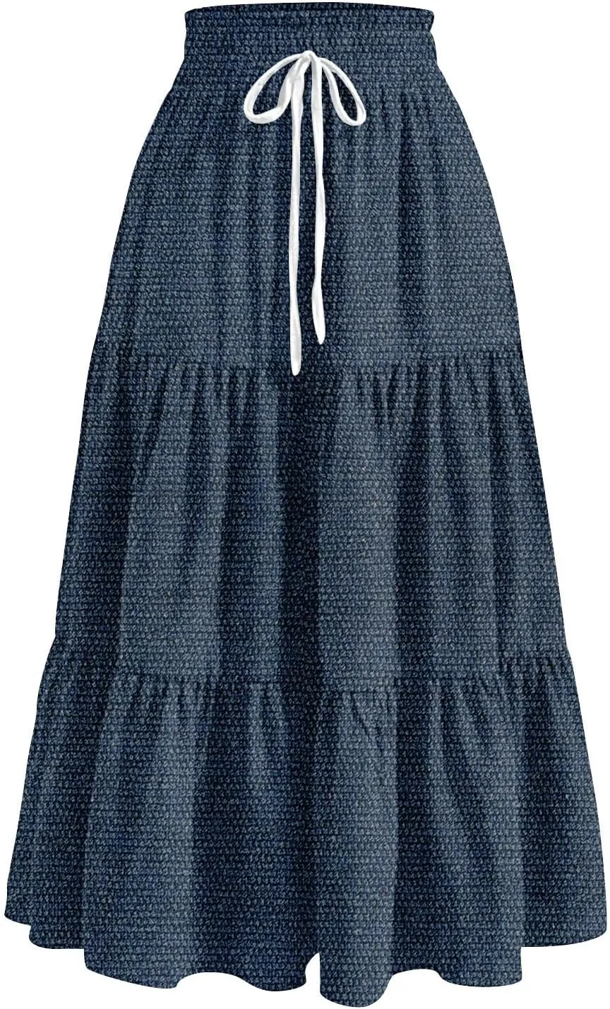 Women's Drawstring Elastic Waist Midi Skirt Solid Color Pleated A Line Tiered Skirts Beach Vacation Flowy Skirt