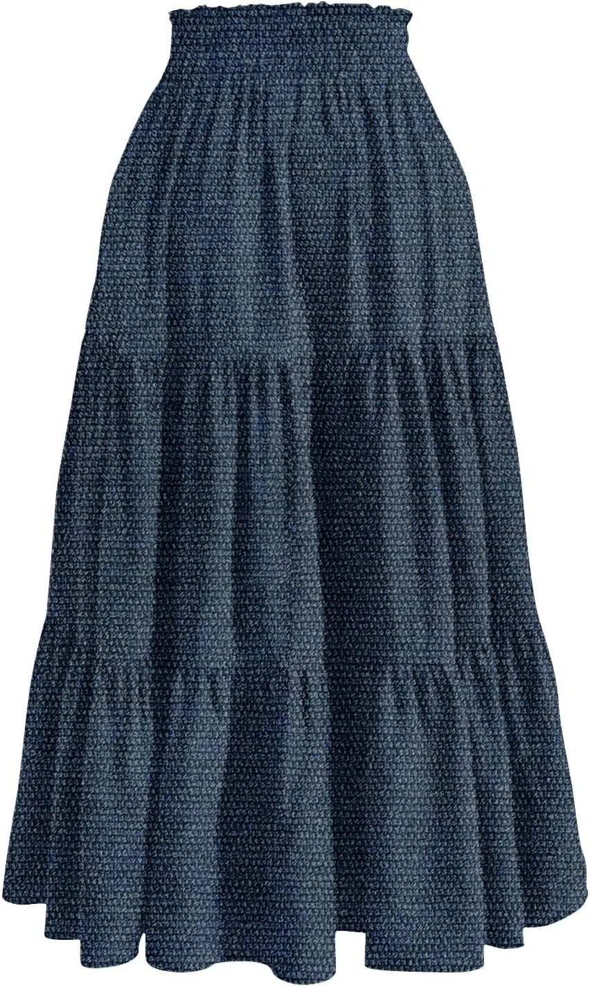 Women's Drawstring Elastic Waist Midi Skirt Solid Color Pleated A Line Tiered Skirts Beach Vacation Flowy Skirt
