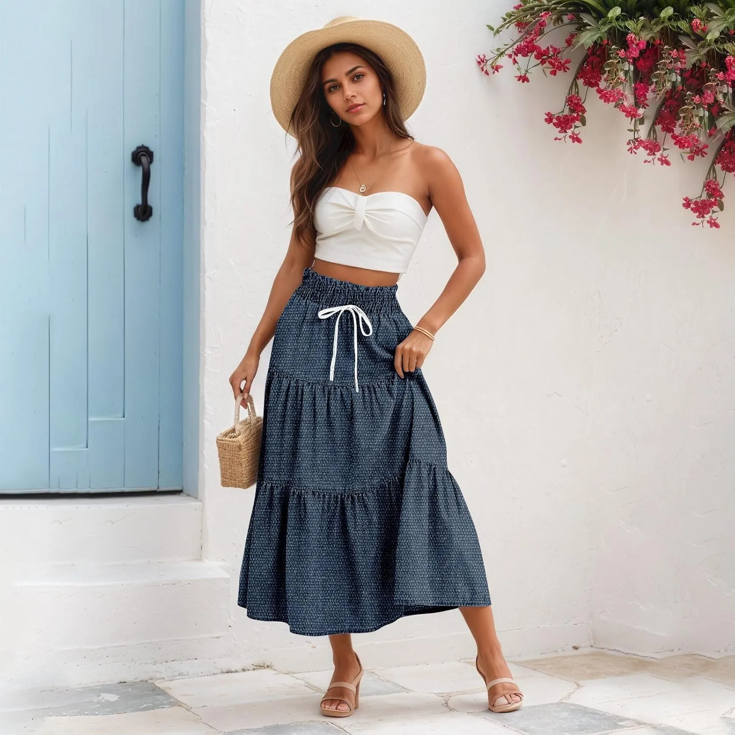 Women's Drawstring Elastic Waist Midi Skirt Solid Color Pleated A Line Tiered Skirts Beach Vacation Flowy Skirt