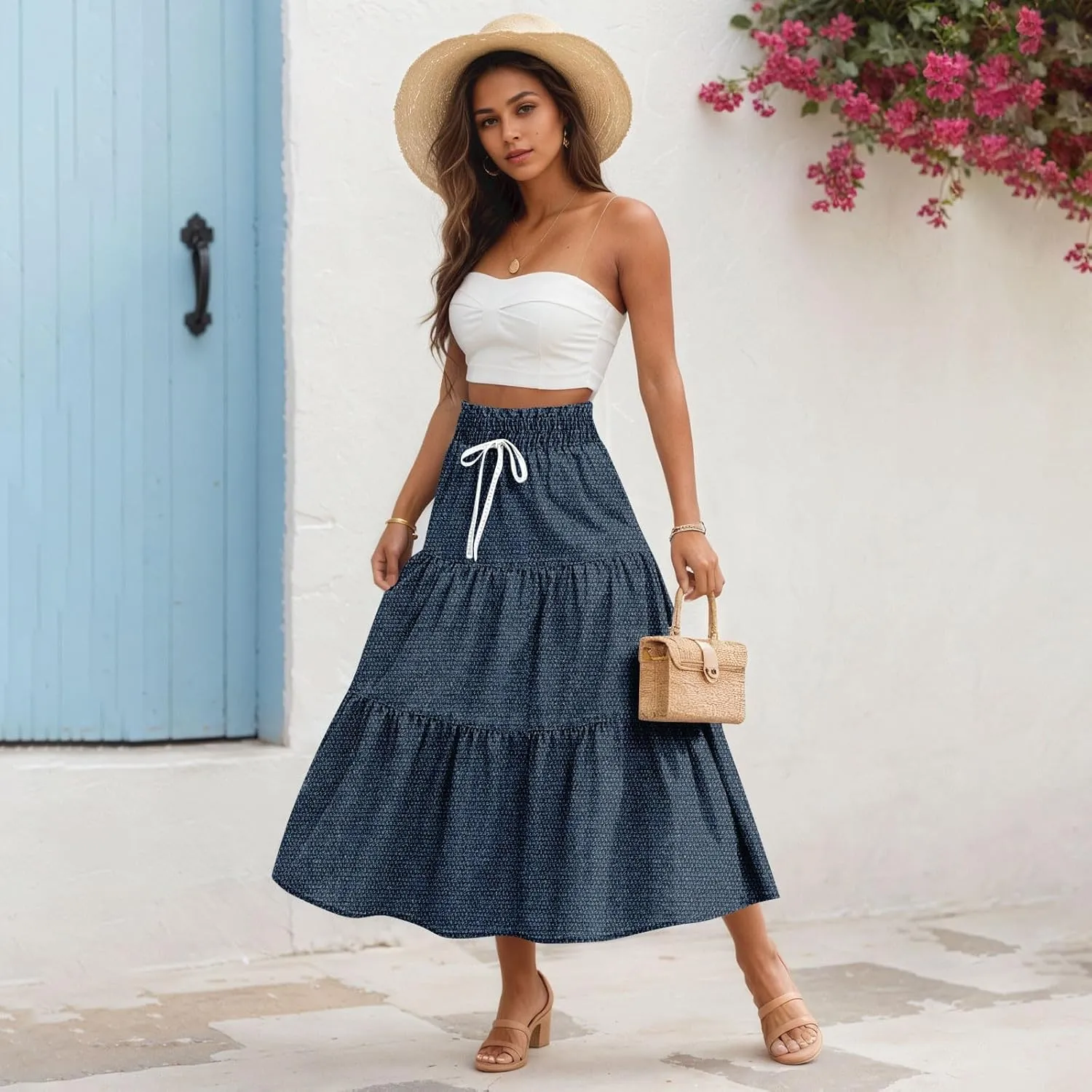 Women's Drawstring Elastic Waist Midi Skirt Solid Color Pleated A Line Tiered Skirts Beach Vacation Flowy Skirt