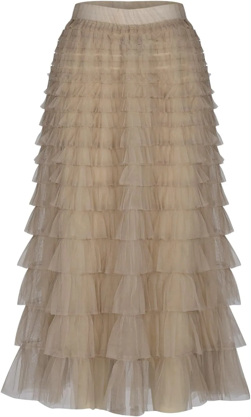 Womens Elegant A Line Skirts Midi Mesh Flowy Skirts Tiered Tulle Skirts Puffy Layered Ruffle Skirt Fluffy Fairy Skirt