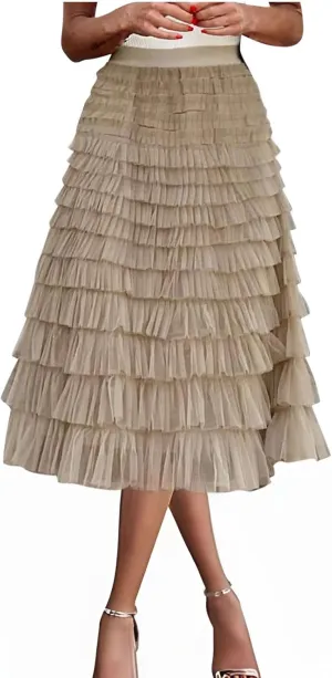 Womens Elegant A Line Skirts Midi Mesh Flowy Skirts Tiered Tulle Skirts Puffy Layered Ruffle Skirt Fluffy Fairy Skirt