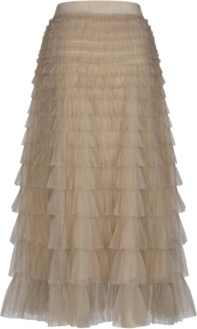 Womens Elegant A Line Skirts Midi Mesh Flowy Skirts Tiered Tulle Skirts Puffy Layered Ruffle Skirt Fluffy Fairy Skirt