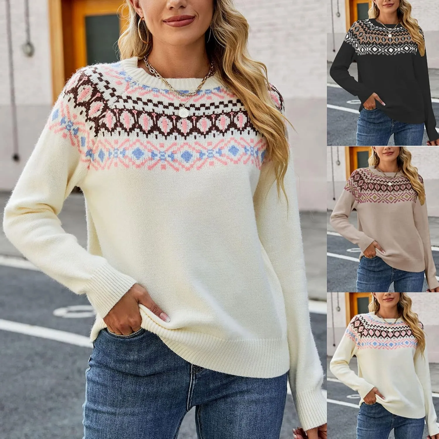 Women's Fair Isle High Neck Sweater Retro Casual Loose Long Sleeve Lightweight Knitted Pullover Tops Jumpers Knitwear