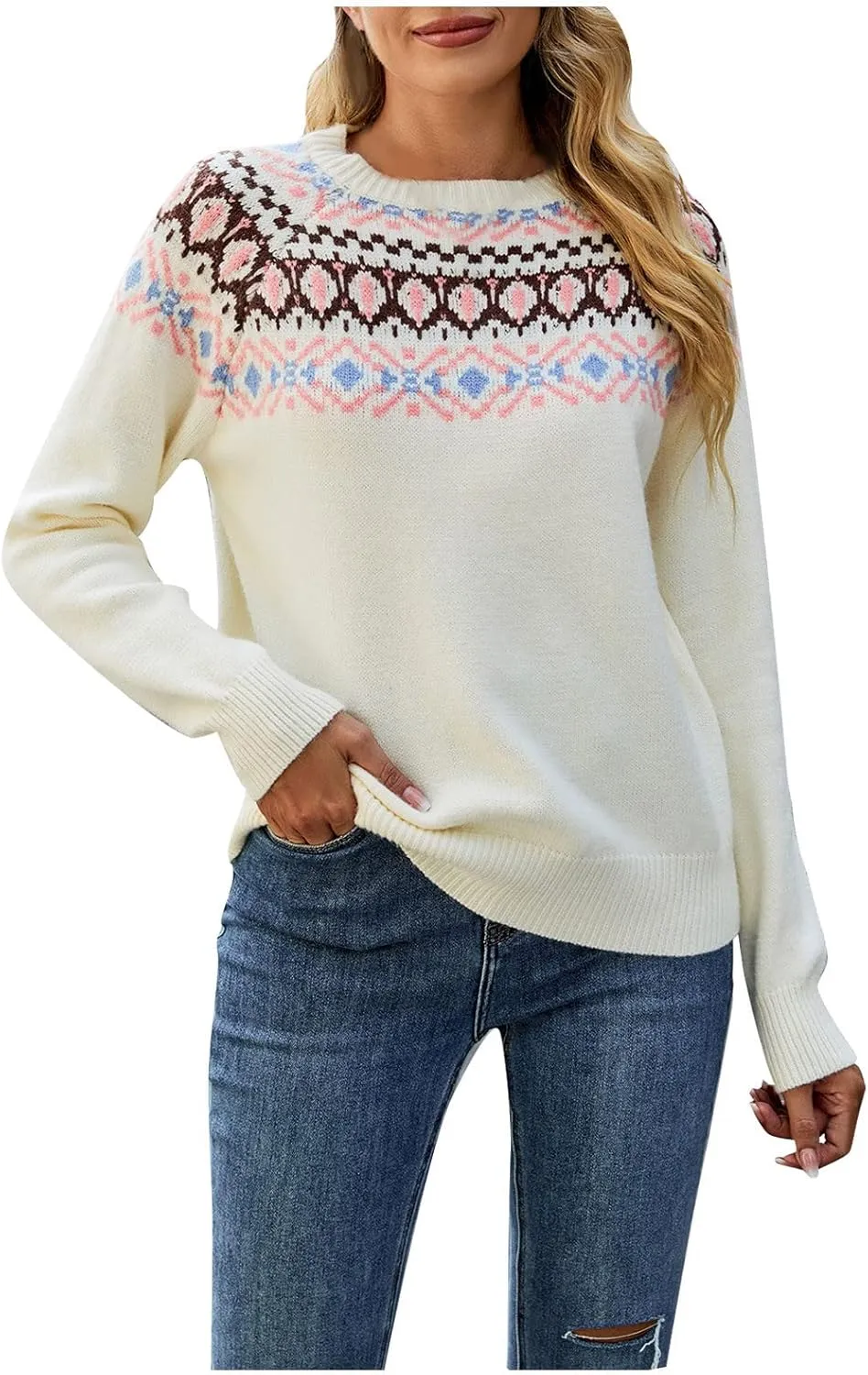 Women's Fair Isle High Neck Sweater Retro Casual Loose Long Sleeve Lightweight Knitted Pullover Tops Jumpers Knitwear