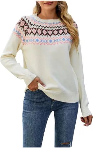 Women's Fair Isle High Neck Sweater Retro Casual Loose Long Sleeve Lightweight Knitted Pullover Tops Jumpers Knitwear