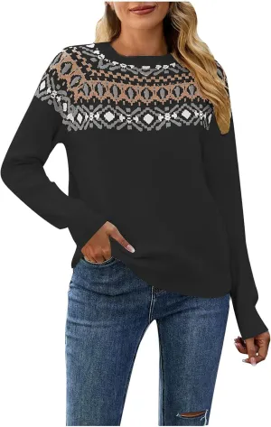 Women's Fair Isle High Neck Sweater Retro Casual Loose Long Sleeve Lightweight Knitted Pullover Tops Jumpers Knitwear