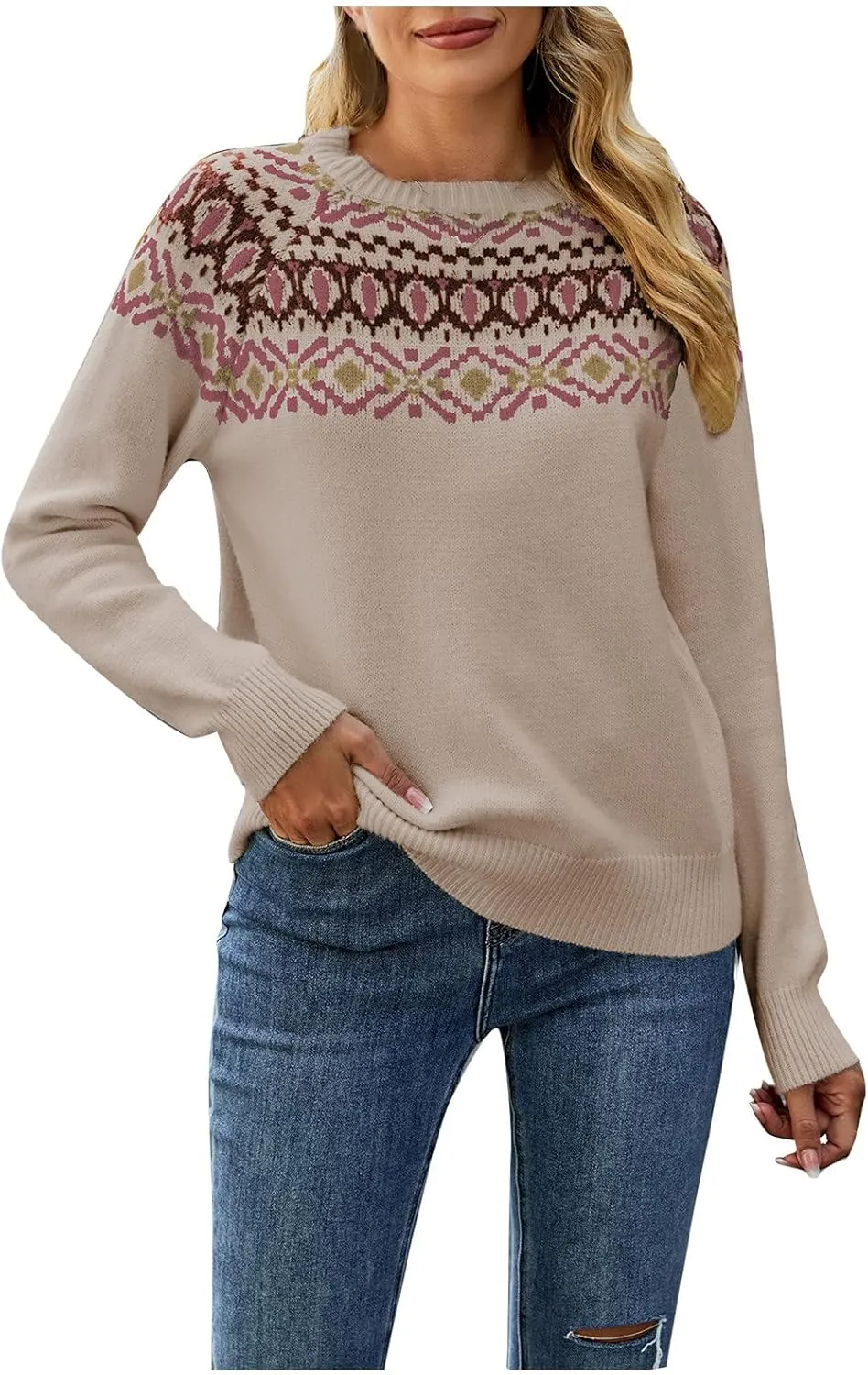 Women's Fair Isle High Neck Sweater Retro Casual Loose Long Sleeve Lightweight Knitted Pullover Tops Jumpers Knitwear