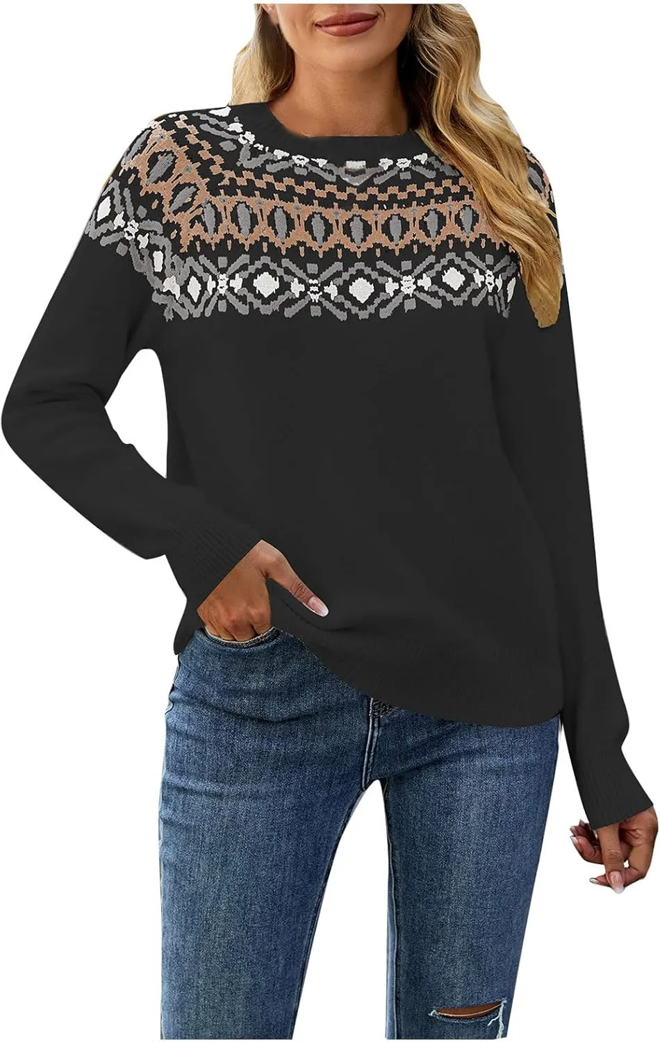 Women's Fair Isle High Neck Sweater Retro Casual Loose Long Sleeve Lightweight Knitted Pullover Tops Jumpers Knitwear