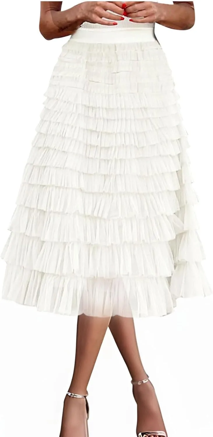 Women's Fairy Tulle Midi Skirt Sweet Elastic High Waist A-Line Ruffle Tiered Layered Mesh Puffy Long Maxi Skirt
