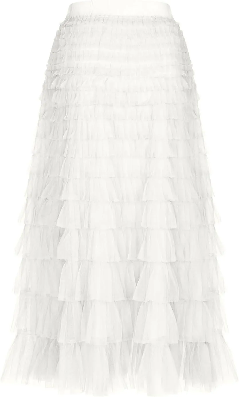 Women's Fairy Tulle Midi Skirt Sweet Elastic High Waist A-Line Ruffle Tiered Layered Mesh Puffy Long Maxi Skirt