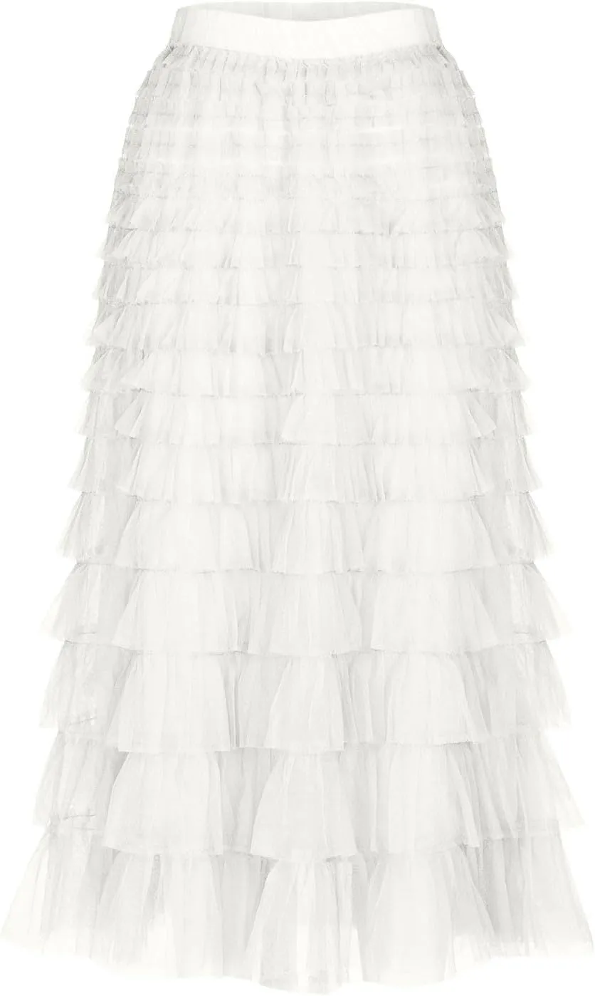 Women's Fairy Tulle Midi Skirt Sweet Elastic High Waist A-Line Ruffle Tiered Layered Mesh Puffy Long Maxi Skirt