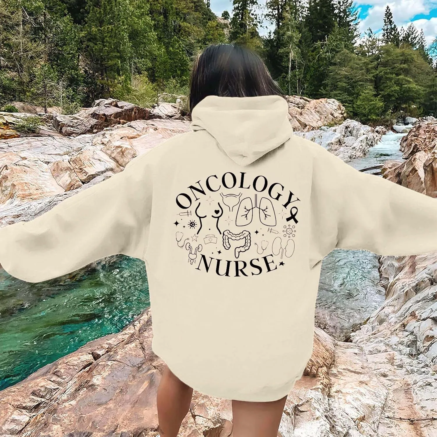 Women's Fashion Sweatshirts Loose Fit Printed Oversized Hooded Pullover Sweatshirts Outdoor Workout Hoodie with Pocket