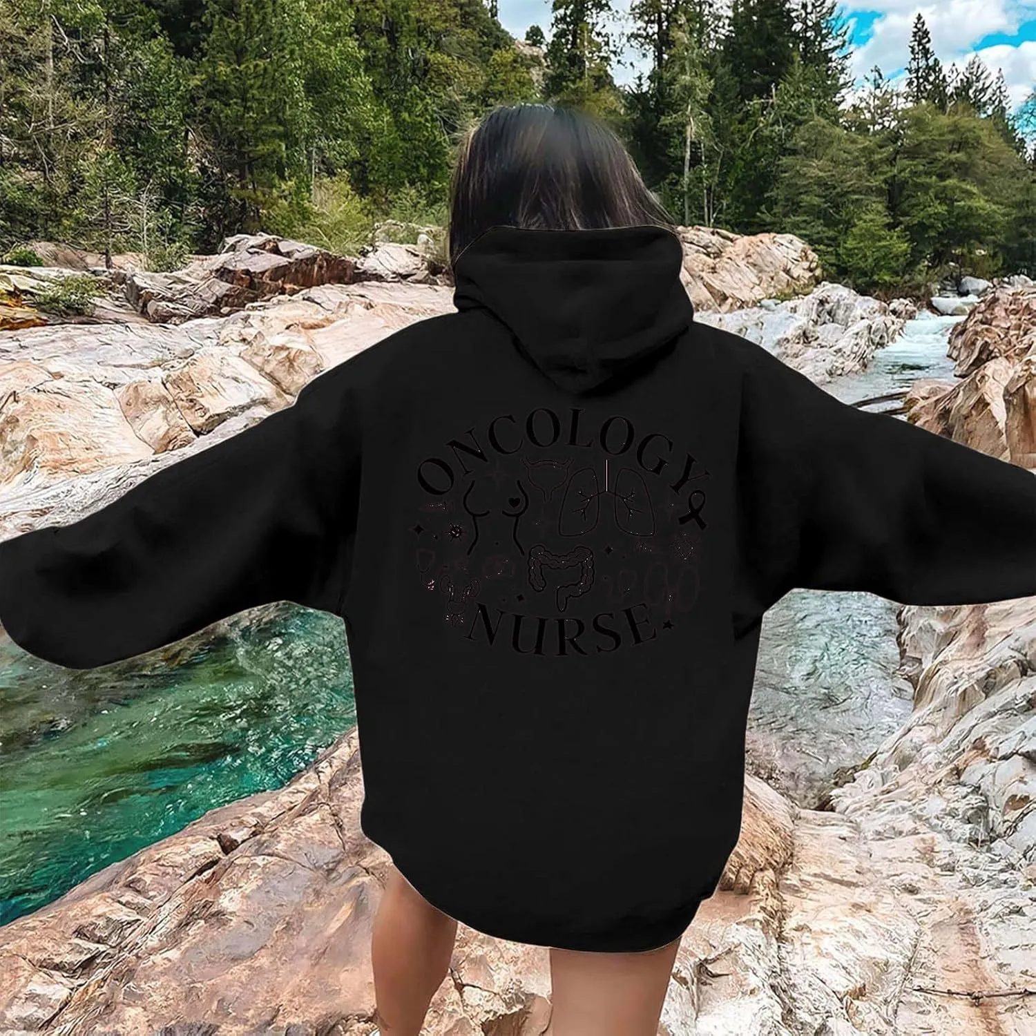 Women's Fashion Sweatshirts Loose Fit Printed Oversized Hooded Pullover Sweatshirts Outdoor Workout Hoodie with Pocket
