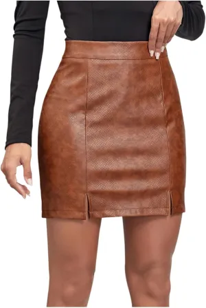 Women's Faux Leather Bodycon Skirt Trendy Slit Beaded Tied Slim Mini Skirt Casual PU Leather Short Pencil Skirt