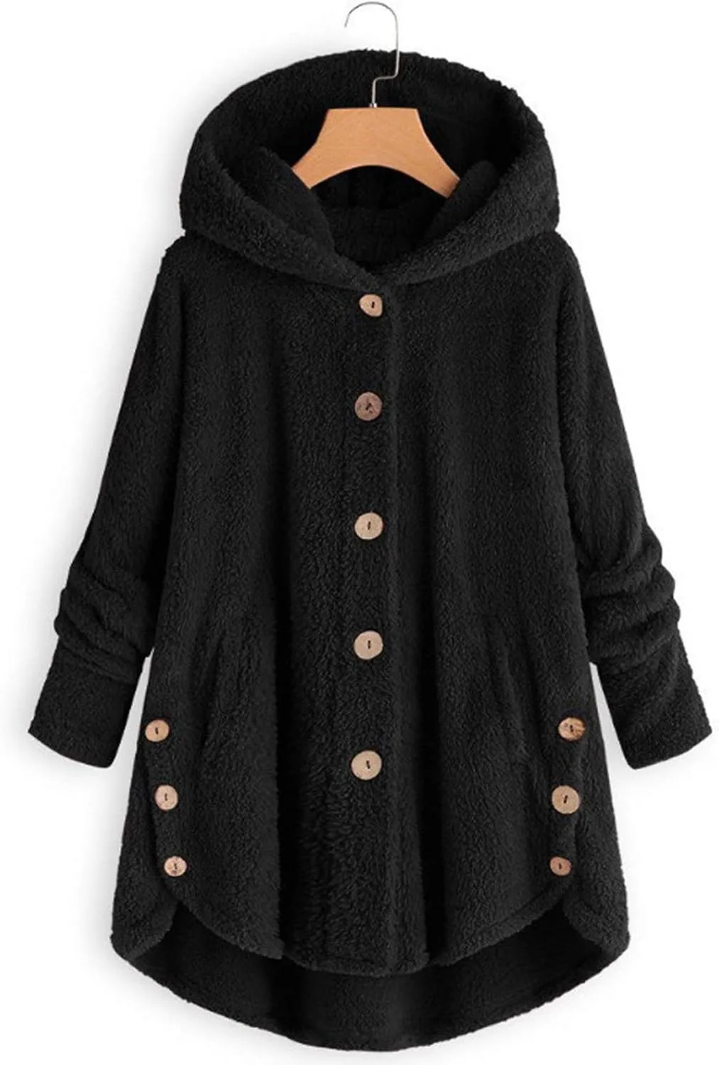 Womens Fleece Jackets Sherpa Winter Hooded Fuzzy Coats Oversized Button Down Cardigan Sweater Warm Jacket with Pocket