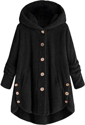Womens Fleece Jackets Sherpa Winter Hooded Fuzzy Coats Oversized Button Down Cardigan Sweater Warm Jacket with Pocket