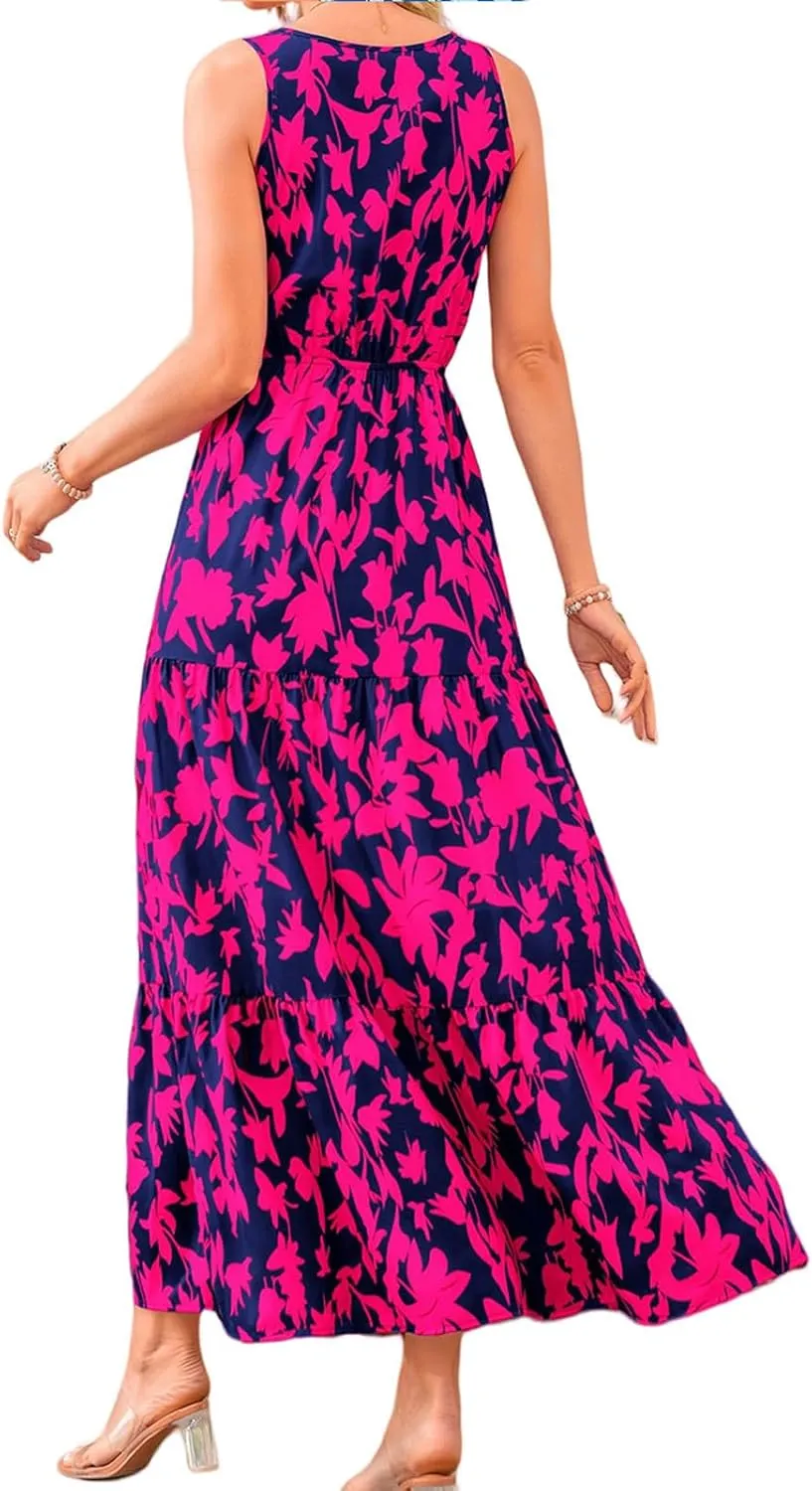 Women's Floral Summer Maxi Dress Casual Sleeveless Drsses V Neck Empire Waist Boho Dress Swing Flowy Sundress