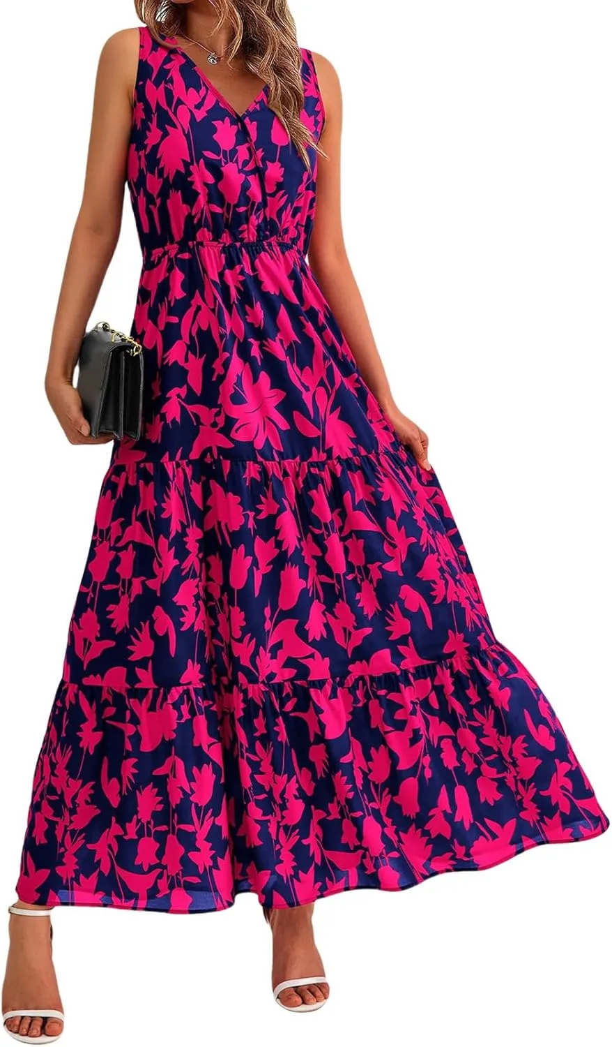 Women's Floral Summer Maxi Dress Casual Sleeveless Drsses V Neck Empire Waist Boho Dress Swing Flowy Sundress
