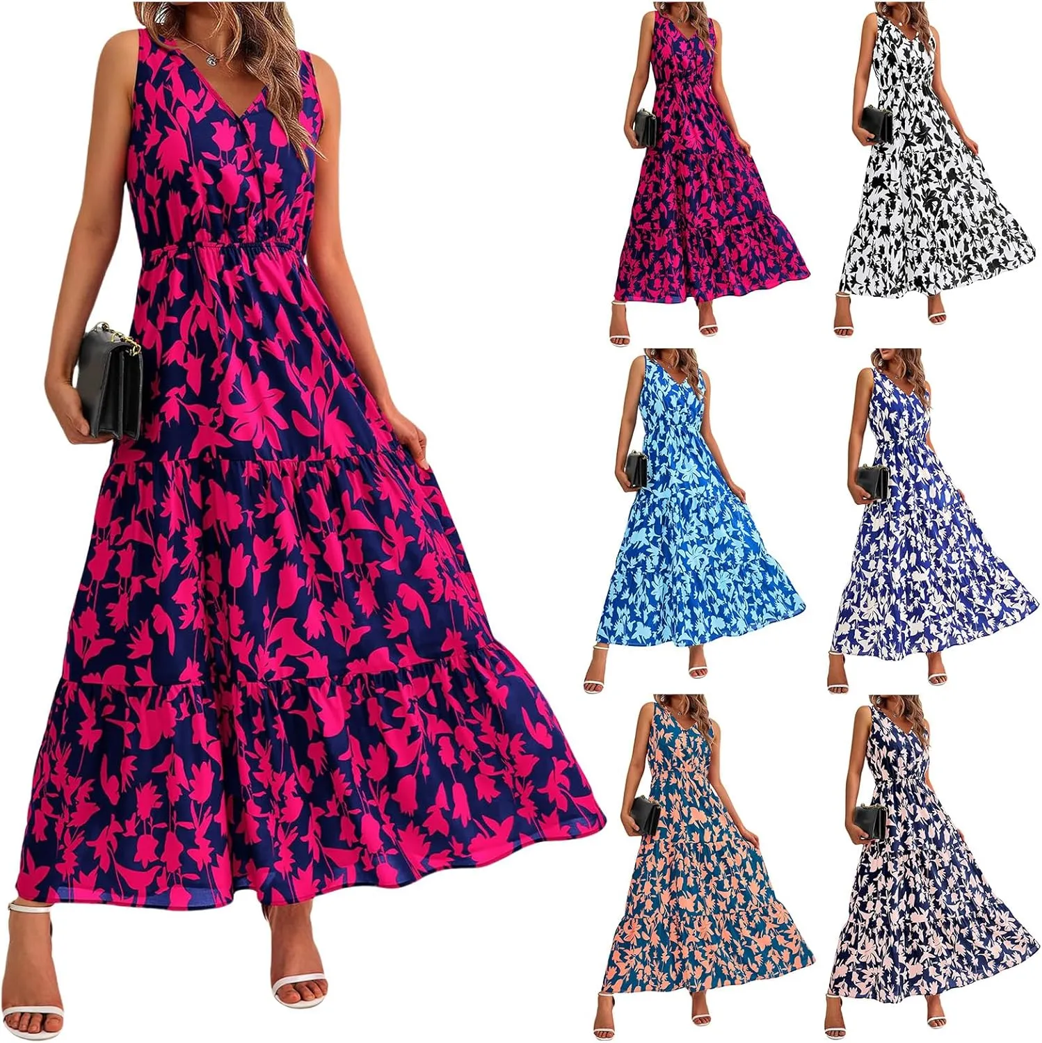 Women's Floral Summer Maxi Dress Casual Sleeveless Drsses V Neck Empire Waist Boho Dress Swing Flowy Sundress