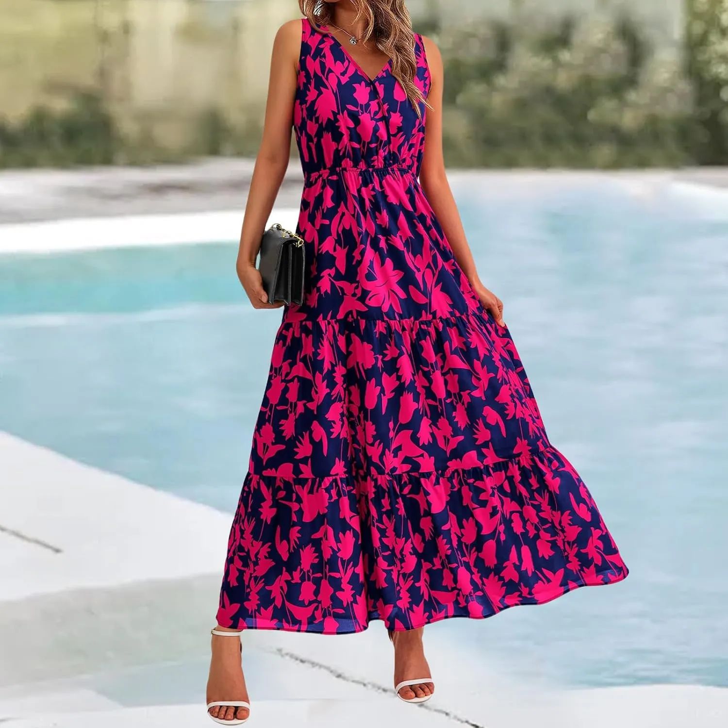 Women's Floral Summer Maxi Dress Casual Sleeveless Drsses V Neck Empire Waist Boho Dress Swing Flowy Sundress