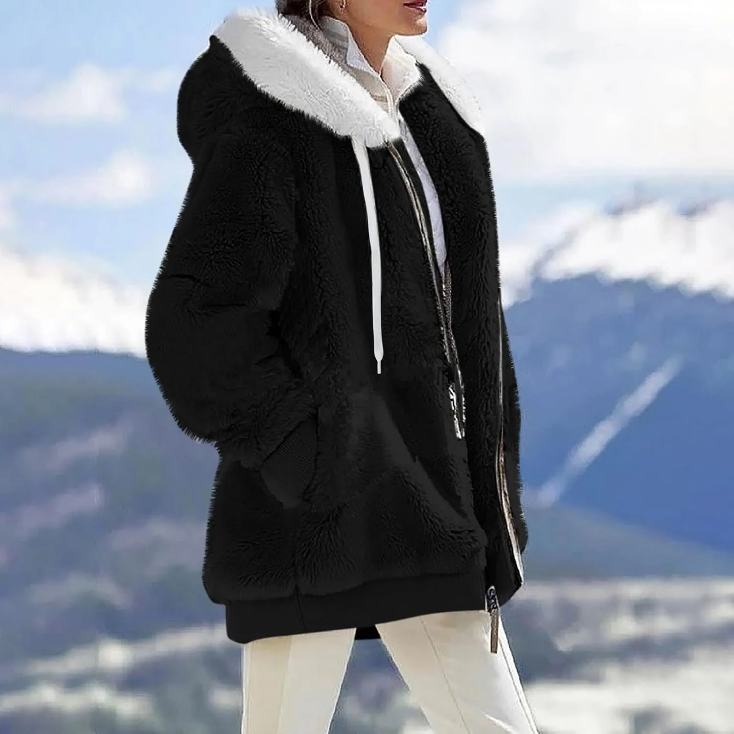 Womens Fuzzy Fleece Jacket Winter Full Zip Plush Hooded Cardigan Coats Soft Oversized Shaggy Warm Outerwear with Pockets