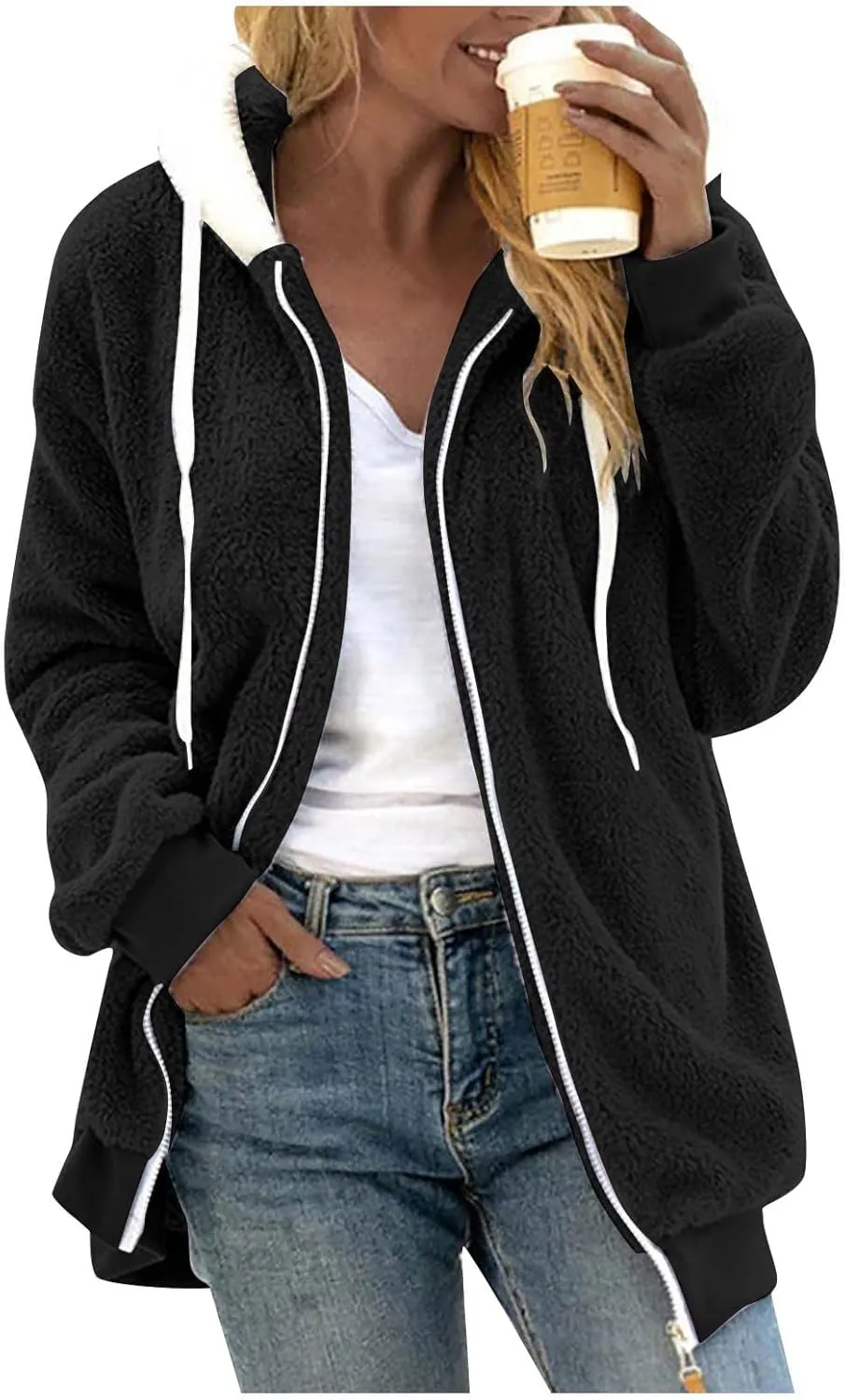 Womens Fuzzy Fleece Jacket Winter Full Zip Plush Hooded Cardigan Coats Soft Oversized Shaggy Warm Outerwear with Pockets