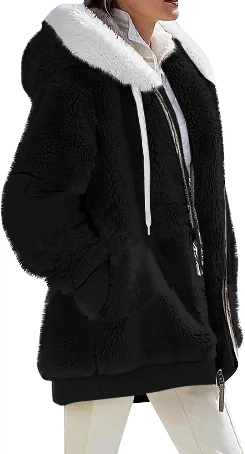 Womens Fuzzy Fleece Jacket Winter Full Zip Plush Hooded Cardigan Coats Soft Oversized Shaggy Warm Outerwear with Pockets