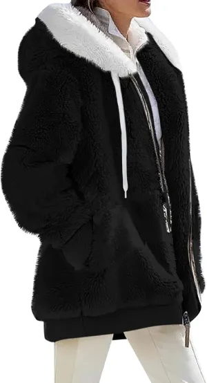 Womens Fuzzy Fleece Jacket Winter Full Zip Plush Hooded Cardigan Coats Soft Oversized Shaggy Warm Outerwear with Pockets