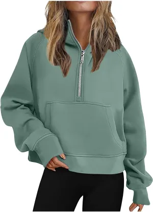 Women's Half Zip Cropped Hoodies Fall Fleece Hooded Pullover Long Sleeve Loose Sweatshirt 2025 Winter Trendy Outfits