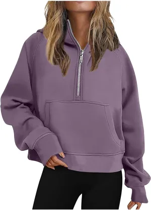 Women's Half Zip Cropped Hoodies Fall Fleece Hooded Pullover Long Sleeve Loose Sweatshirt 2025 Winter Trendy Outfits