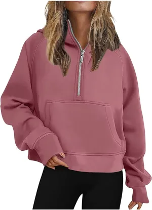 Women's Half Zip Cropped Hoodies Fall Fleece Hooded Pullover Long Sleeve Loose Sweatshirt 2025 Winter Trendy Outfits