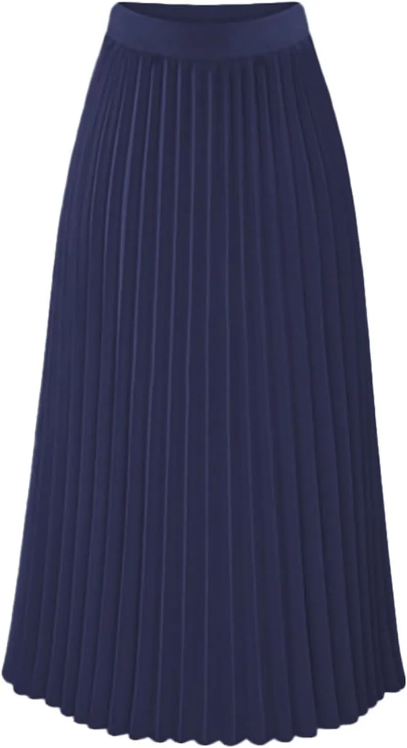 Womens High Elastic Waist Pleated Chiffon Skirt Midi Swing A-line Skirt Dressy Plain Solid Color Elegant Long Skirts