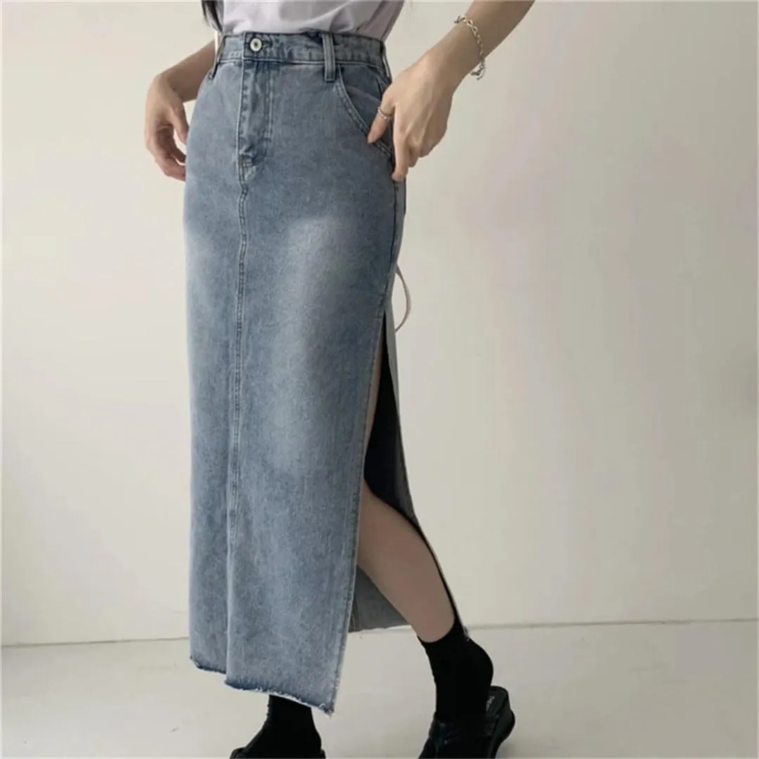 Women's High Waist Denim Pencil Skirts Blue Side Split Jeans Wrap Skirts