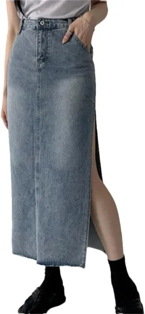 Women's High Waist Denim Pencil Skirts Blue Side Split Jeans Wrap Skirts