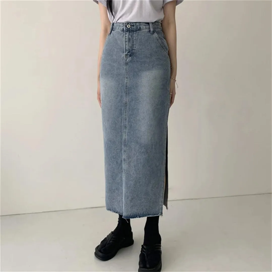 Women's High Waist Denim Pencil Skirts Blue Side Split Jeans Wrap Skirts